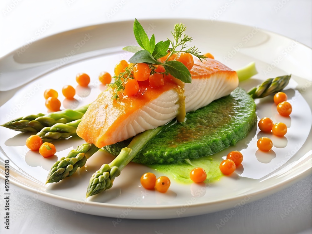 Freshly prepared Hudson Valley trout dish garnished with sorrel sauce, trout roe, and asparagus, artfully arranged on a white plate against a clean backdrop. Freshly prepared Hudson Valley trout dish garnished with sorrel sauce, trout roe, and asparagus, artfully arranged on a white plate against a clean backdrop.