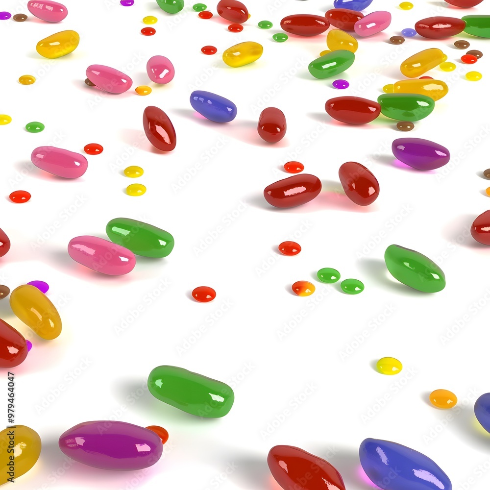 Brightly Colored Jellybeans Scattered on White Background with Vibrant Colors Brightly Colored Jellybeans Scattered on White Background with Vibrant Colors