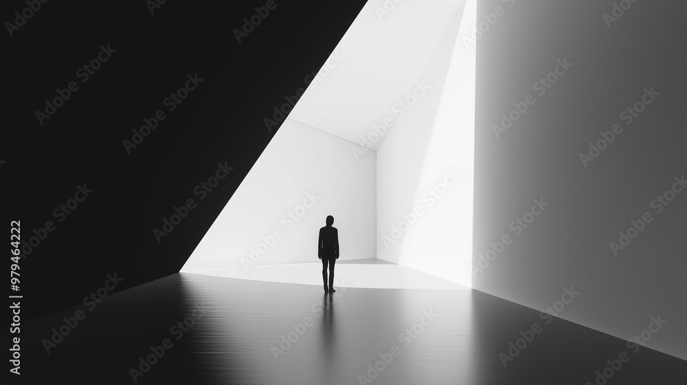 Obraz premium Businessman standing in abstract minimal white room with light beams