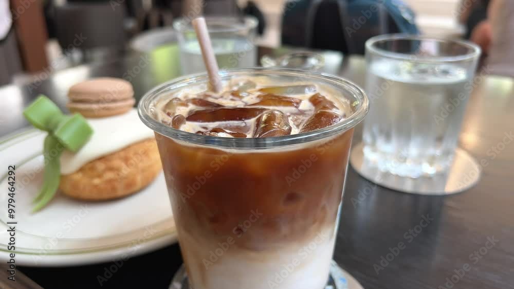 snack drink iced latte and eat cake choux pastry with cream covered with white icing with a green bow girl blogger films posts her breakfast lunch restaurant walk Real life in the city snack drink iced latte and eat cake choux pastry with cream covered with white icing with a green bow girl blogger films posts her breakfast lunch restaurant walk Real life in the city