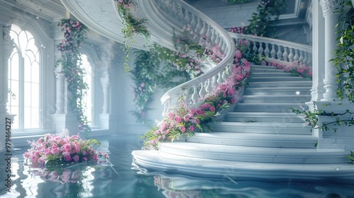 Marble white stairs with flower garlands, fantasy palace or heaven stone stair with floral decorations, fairytale princess castle interior, AI generated image
