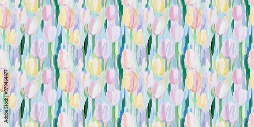 a fun-loving and dreamy abstract pattern of tulips painted in a naive impressionistic style with gouache