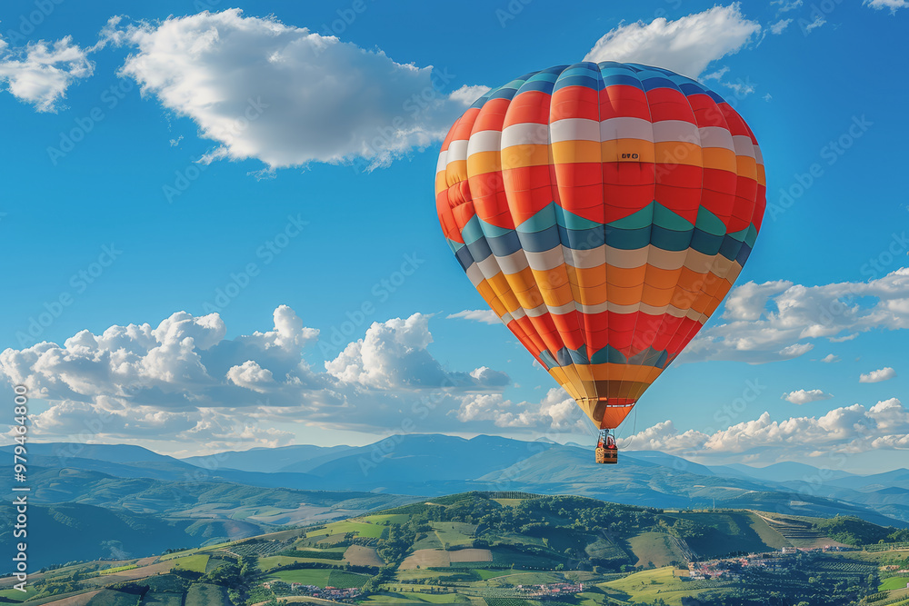 Fototapeta premium Colorful hot air balloons Floating high in the clear blue sky, the scenery is beautiful and bright.