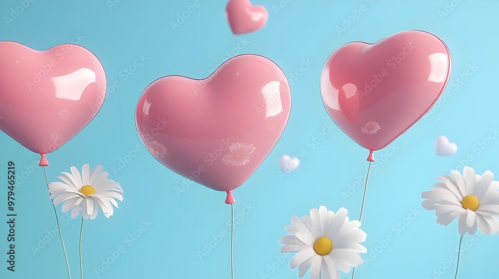 Floating Heart Balloons with Daisies against Turquoise Sky Background Floating Heart Balloons with Daisies against Turquoise Sky Background