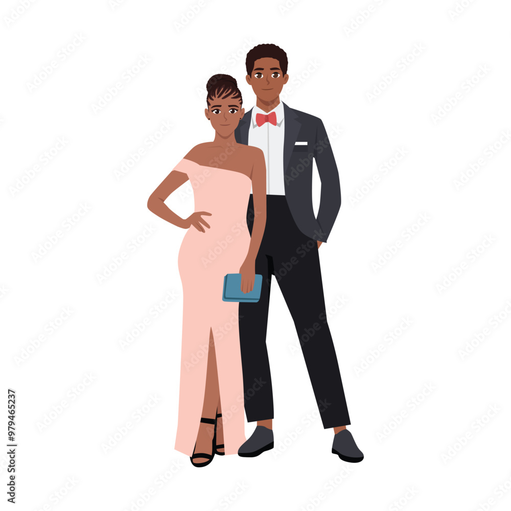 Fototapeta premium Happy couple in evening formal wear. Flat vector Character illustration