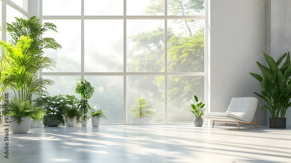 Serene Tropical-Inspired Interior with Lush Greenery and Sunlit Glass Window Serene Tropical-Inspired Interior with Lush Greenery and Sunlit Glass Window