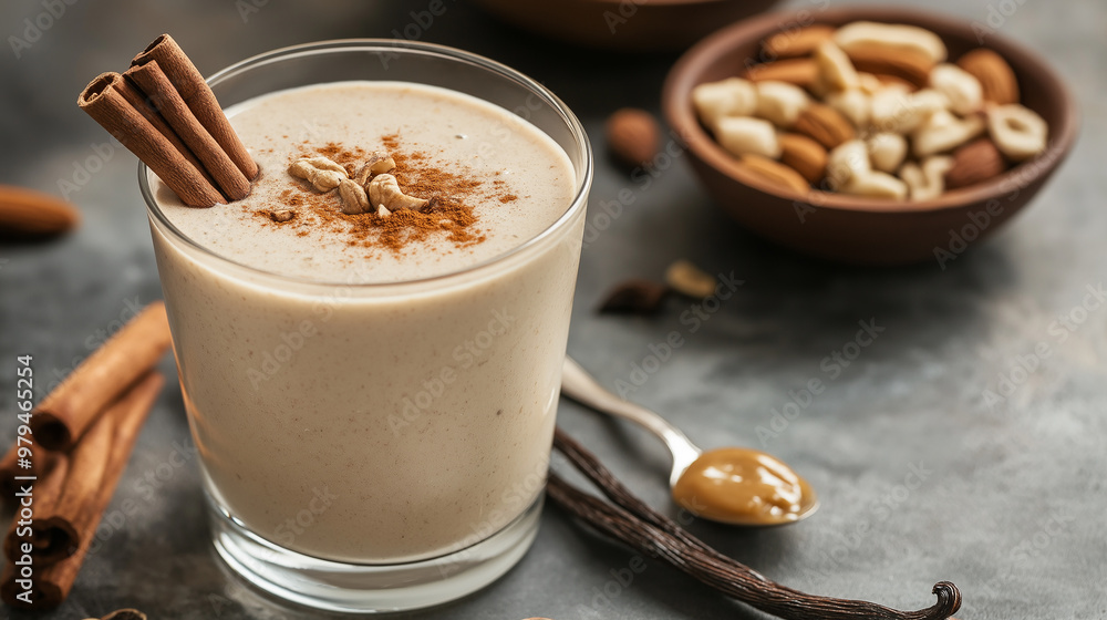 Delicious peanut butter smoothie decorated with cinnamon sticks and nuts Delicious peanut butter smoothie decorated with cinnamon sticks and nuts