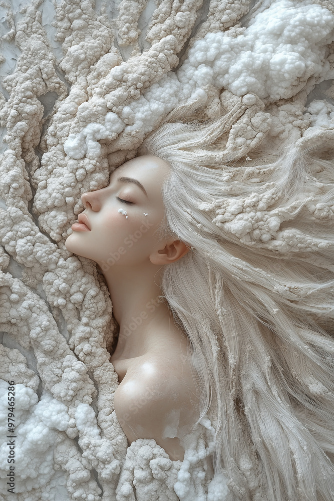 woman with white hair lying in soft cream fabric creating ethereal dreamy portrait with flowing textile textures woman with white hair lying in soft cream fabric creating ethereal dreamy portrait with flowing textile textures
