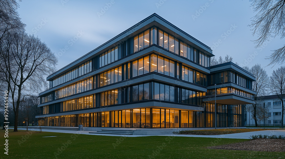 Obraz premium Modern office building exterior glowing at dusk with green grass
