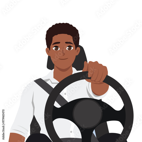 Happy man driving car. Flat vector Character illustration