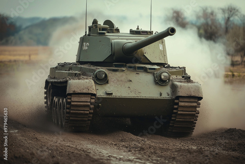 Powerful heavy tank driving on battlefield leaving clouds of dust