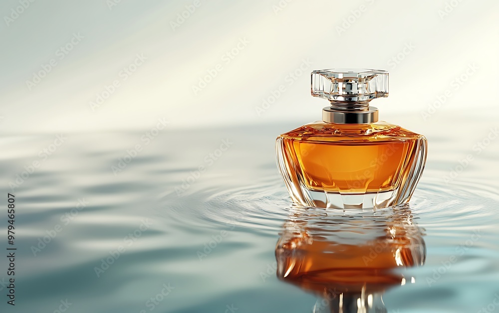 Elegant Glass Perfume Bottle Floating on Reflective Water in Champagne and Cream Palette. Photorealistic Product Photography with Soft Shadows. Elegant Glass Perfume Bottle Floating on Reflective Water in Champagne and Cream Palette. Photorealistic Product Photography with Soft Shadows.