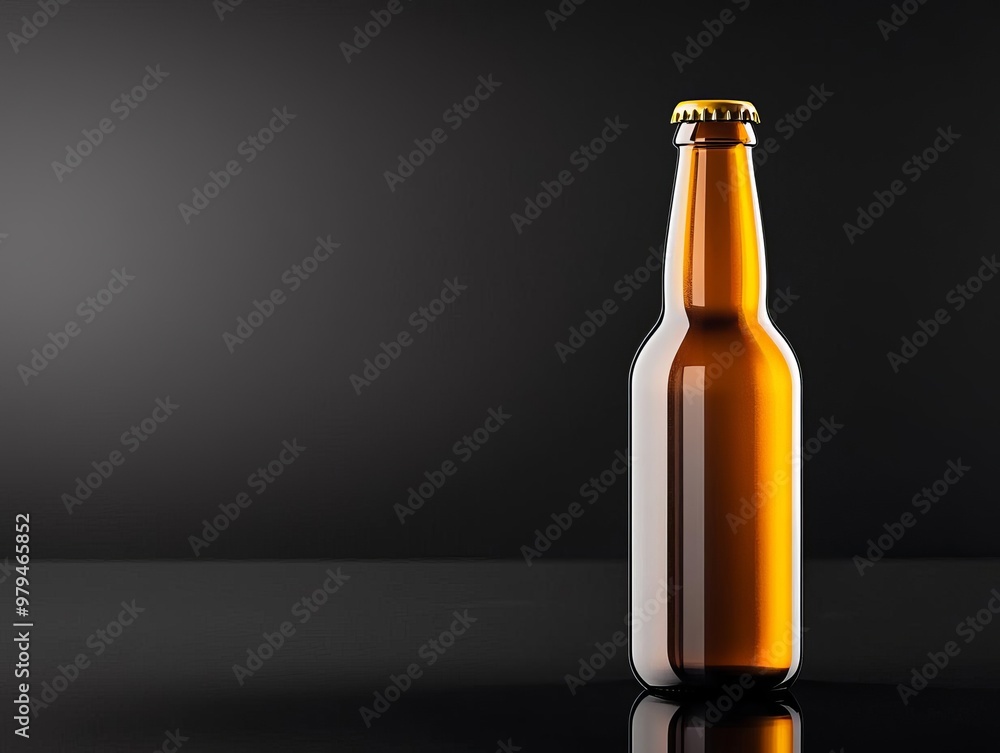 Blank label beer bottle on a reflective black surface, showing sleek and modern aesthetics, beer bottle mock-up, minimalistic branding Blank label beer bottle on a reflective black surface, showing sleek and modern aesthetics, beer bottle mock-up, minimalistic branding