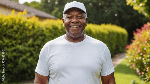 Plus size senior black man wearing white t-shirt and white baseball cap standing in the garden