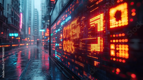 A futuristic stock market with neon lights and digital currency symbols