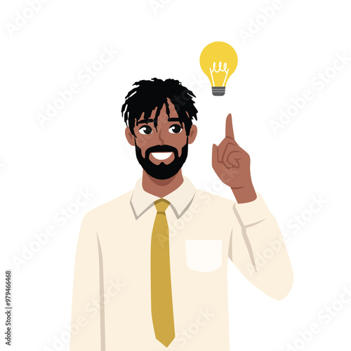 Happy smart person finding solution, having brilliant idea. Flat vector Character illustration