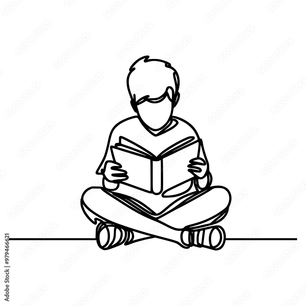 one line drawing boy reading a book vector illustration template design one line drawing boy reading a book vector illustration template design