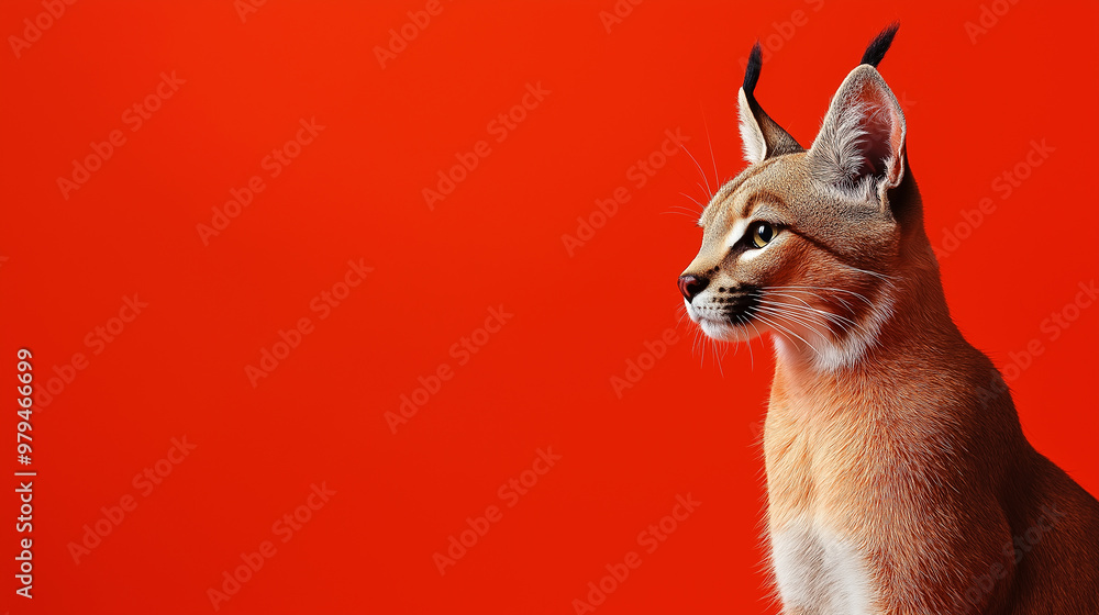 Naklejka premium Caracal cat sitting and looking right on red background