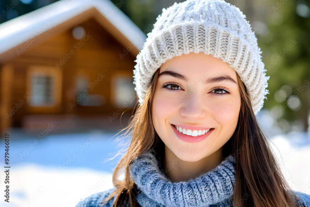 Young woman with dark hair wearing a beige beanie at a snowy mountain resort, with a picturesque cabin in the background. Winter holidays, active healthy lifestyle concept. Copy space. Young woman with dark hair wearing a beige beanie at a snowy mountain resort, with a picturesque cabin in the background. Winter holidays, active healthy lifestyle concept. Copy space.