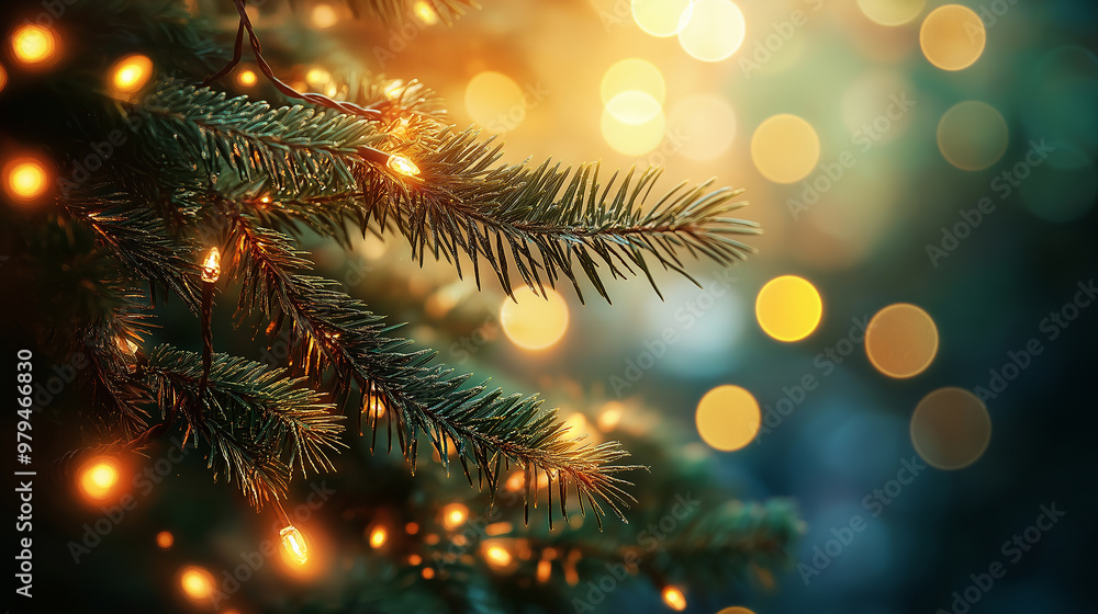 Christmas tree branch covered in lights glowing in the dark Christmas tree branch covered in lights glowing in the dark