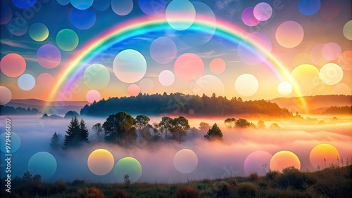 vibrant pastel rainbow circles vector mix with subtle gradient misty morning foggy landscape in soft focus warm tone ethereal dreamy atmosphere photo