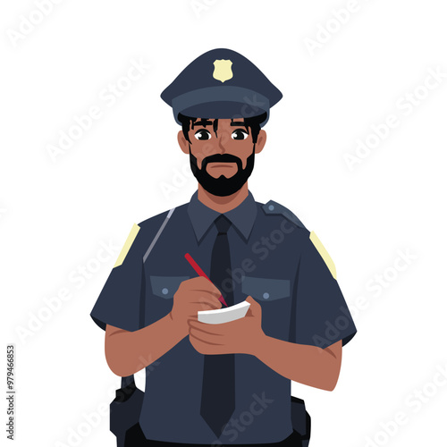 Man police officer, issuing fine for driver who violated parking rules. Flat vector Character illustration