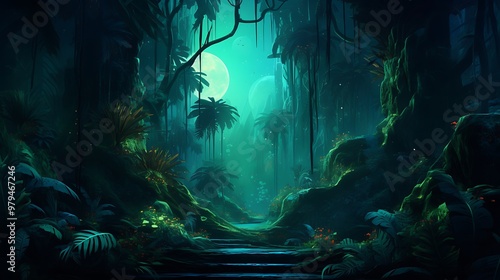 A lush green forest with a small stream running through it,cartoon illustration