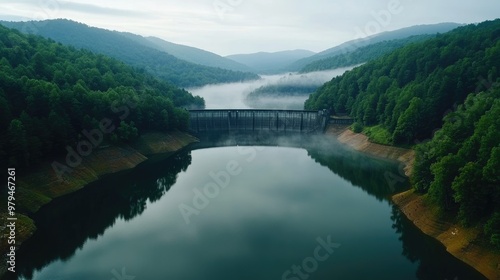 Serene aerial view of a concrete dam over a calm lake, bordered by lush forests and misty mountain peaks, creating a peaceful, natural setting