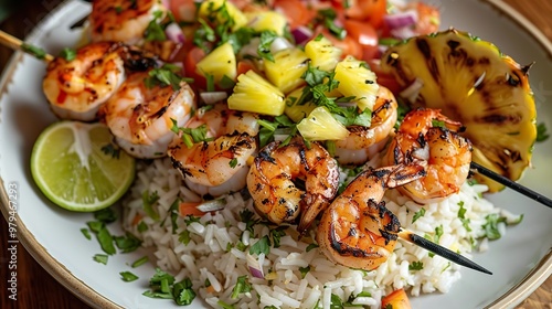 Grilled shrimp skewers served over a bed of cilantro-lime rice, accompanied by a pineapple salsa and a side of grilled pineapple slices