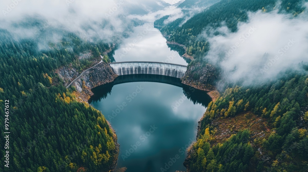 Fototapeta premium Serene aerial view of a massive dam crossing a calm lake, surrounded by green forests and foggy mountains, creating a peaceful atmosphere