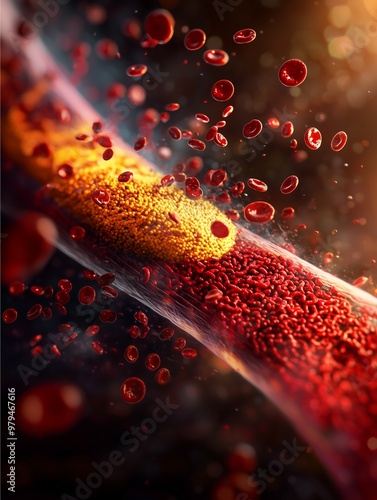 3D artery with low density lipoprotein on yellow background.Artery blocked with cholesterol. photo