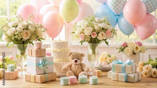 Adorable baby blocks, soft toys, and pastel balloons decorate a whimsical table setting, surrounded by fresh flowers and delicate lace, celebrating new life. photo