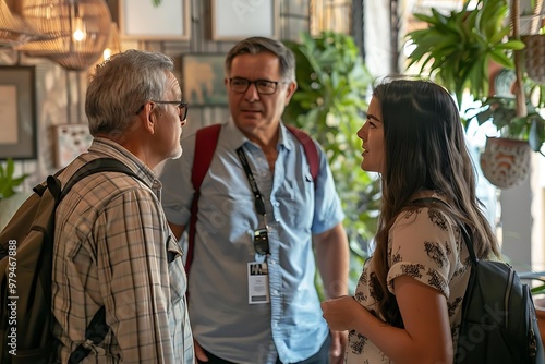 Three people engaging in conversation in a plant-filled indoor space.