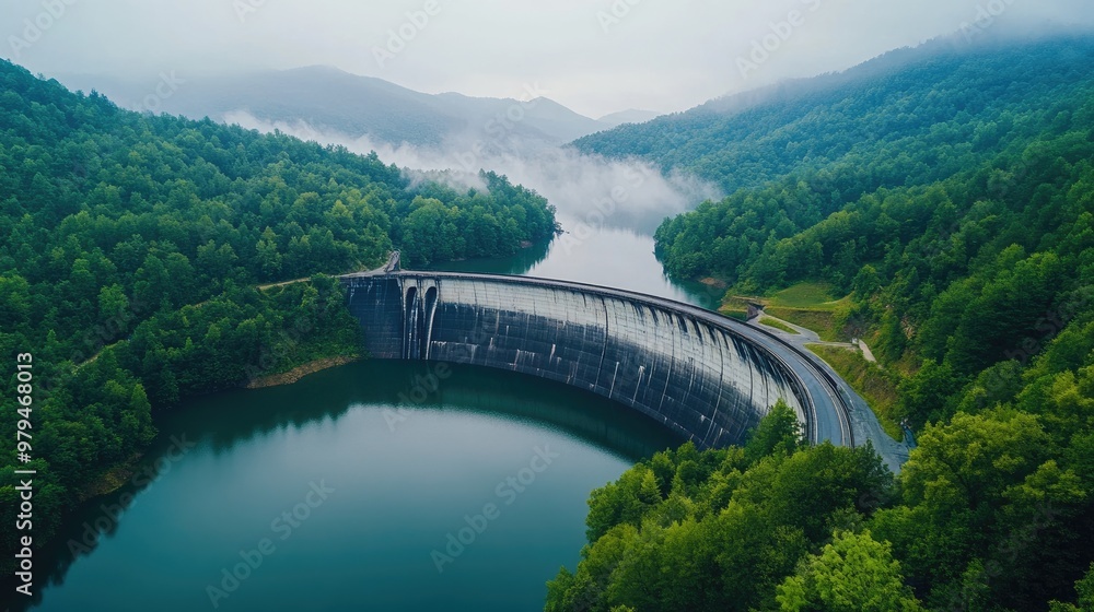 Tranquil aerial view of a massive concrete dam, nestled between a serene lake and lush green forests, with misty mountains in the distance Tranquil aerial view of a massive concrete dam, nestled between a serene lake and lush green forests, with misty mountains in the distance