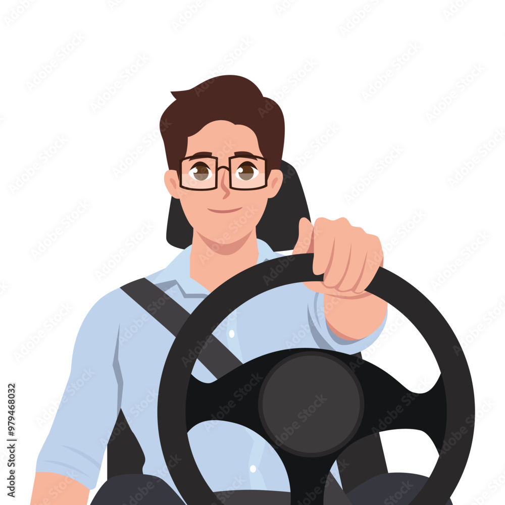 Young man driving car. Flat vector Character illustration Young man driving car. Flat vector Character illustration