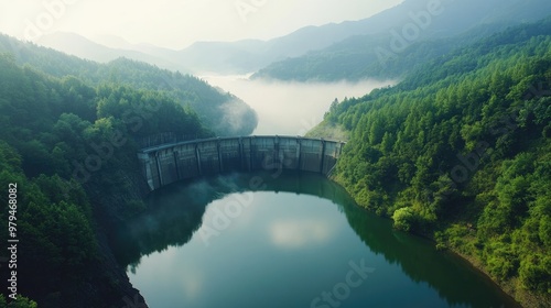Wallpaper Mural Tranquil aerial view of a massive concrete dam, nestled between a serene lake and lush green forests, with misty mountains in the distance Torontodigital.ca