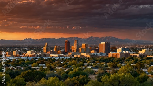 Albuquerque skyline during sunset.