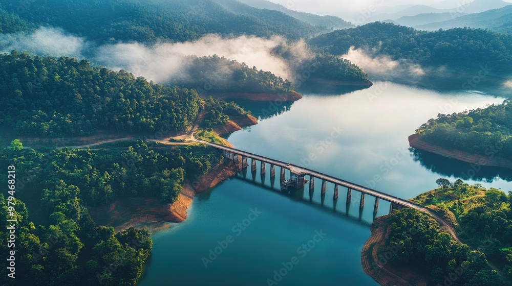 Fototapeta premium Aerial view of a beautiful dam spanning a tranquil lake, surrounded by vibrant forests and misty mountains, creating a peaceful landscape