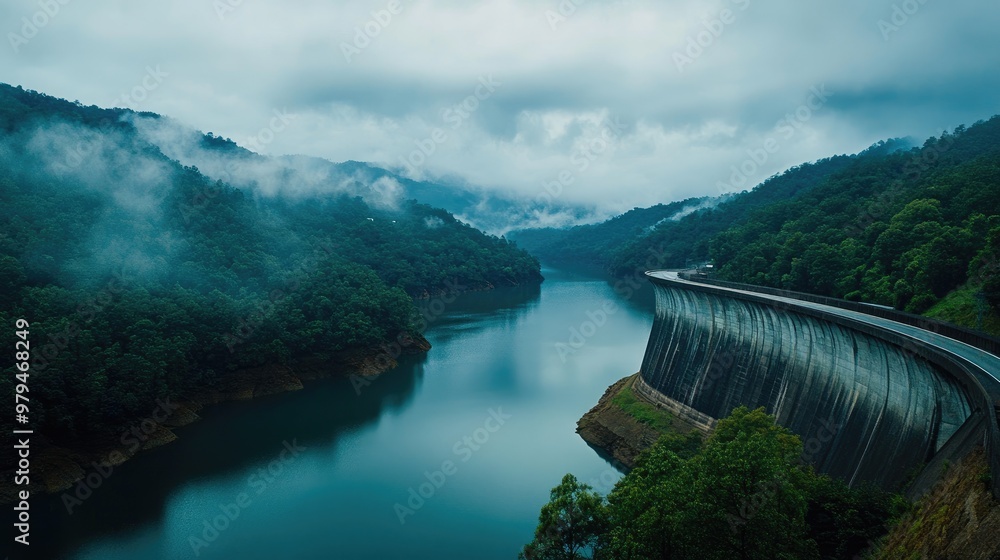 Aerial view of a concrete dam crossing a serene lake, with lush forests and mist-covered mountains in the distance, creating a tranquil landscape Aerial view of a concrete dam crossing a serene lake, with lush forests and mist-covered mountains in the distance, creating a tranquil landscape