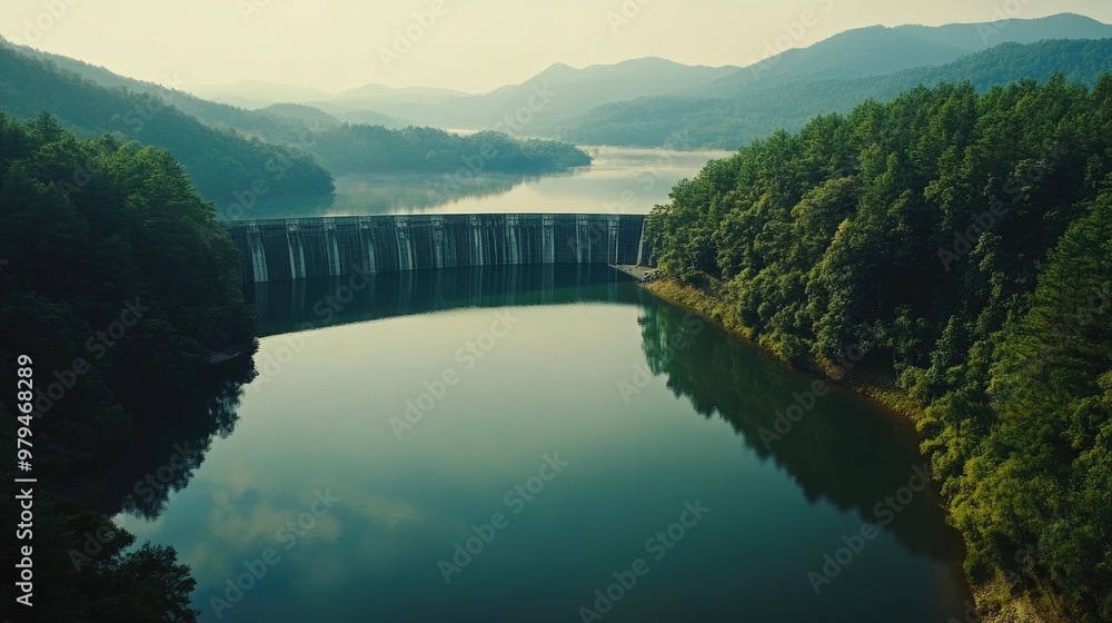Aerial view of a concrete dam crossing a serene lake, with lush forests and mist-covered mountains in the distance, creating a tranquil landscape