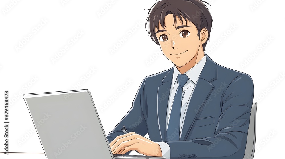 Businessman Working on Laptop in Office with Confident Smile Businessman Working on Laptop in Office with Confident Smile