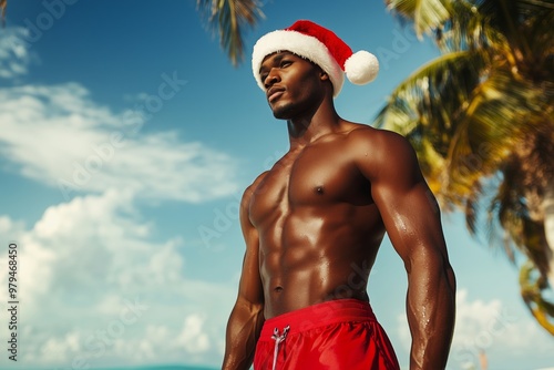 black man wearing santas hat and red swimshorts palm trees in the background  photo