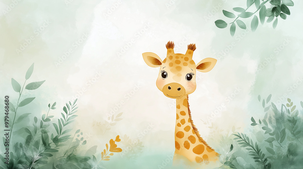 Naklejka premium Cute baby giraffe watercolor illustration surrounded by green leaves