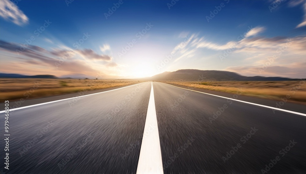 Fototapeta premium An empty road is depicted with a blurred background to convey motion.