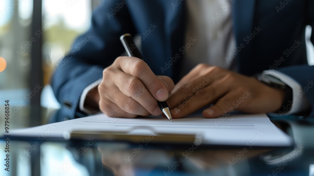 A professional man writes on a document, showcasing focus and attention to detail in a modern office setting. A professional man writes on a document, showcasing focus and attention to detail in a modern office setting.