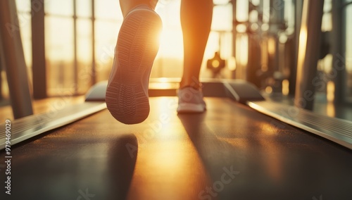 A close-up of the legs and shoes running on an electric treadmill in a gym