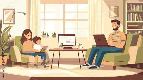 Prin
Homeschool or online education. Mother with daughter sitting in front of laptop learning. Flat vector illustration. Pro Vector
