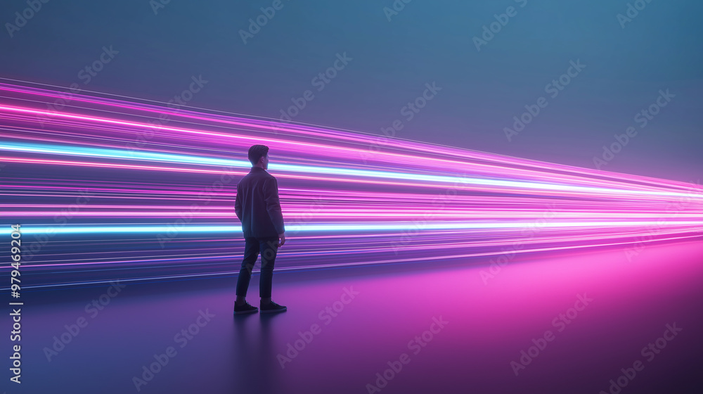 Businessman looking at abstract neon lights streaks background Businessman looking at abstract neon lights streaks background