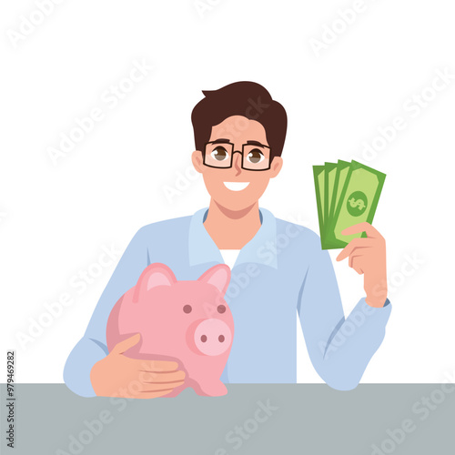 Man putting dollar money into piggy bank. Flat vector Character illustration