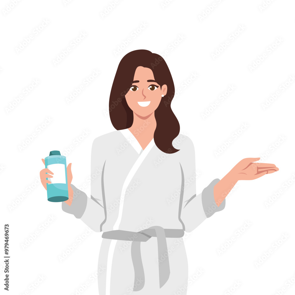 Woman in bathrobe holding shampoo or soap bottle in hand. Flat vector Character illustration Woman in bathrobe holding shampoo or soap bottle in hand. Flat vector Character illustration
